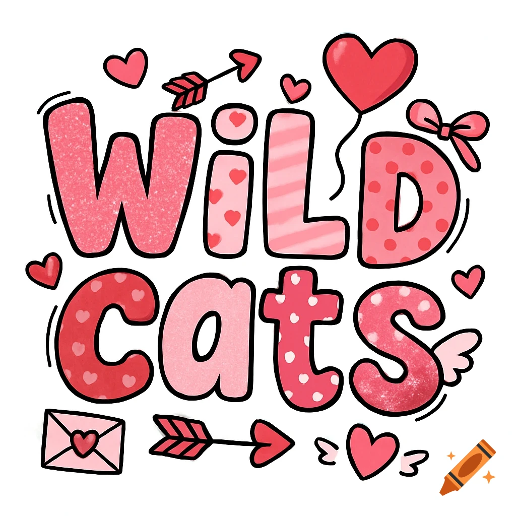 Cute Valentine's Day typography illustration of "Wildcats" in pink and red bubble letters with hearts, glitter, and arrows on a white background.
