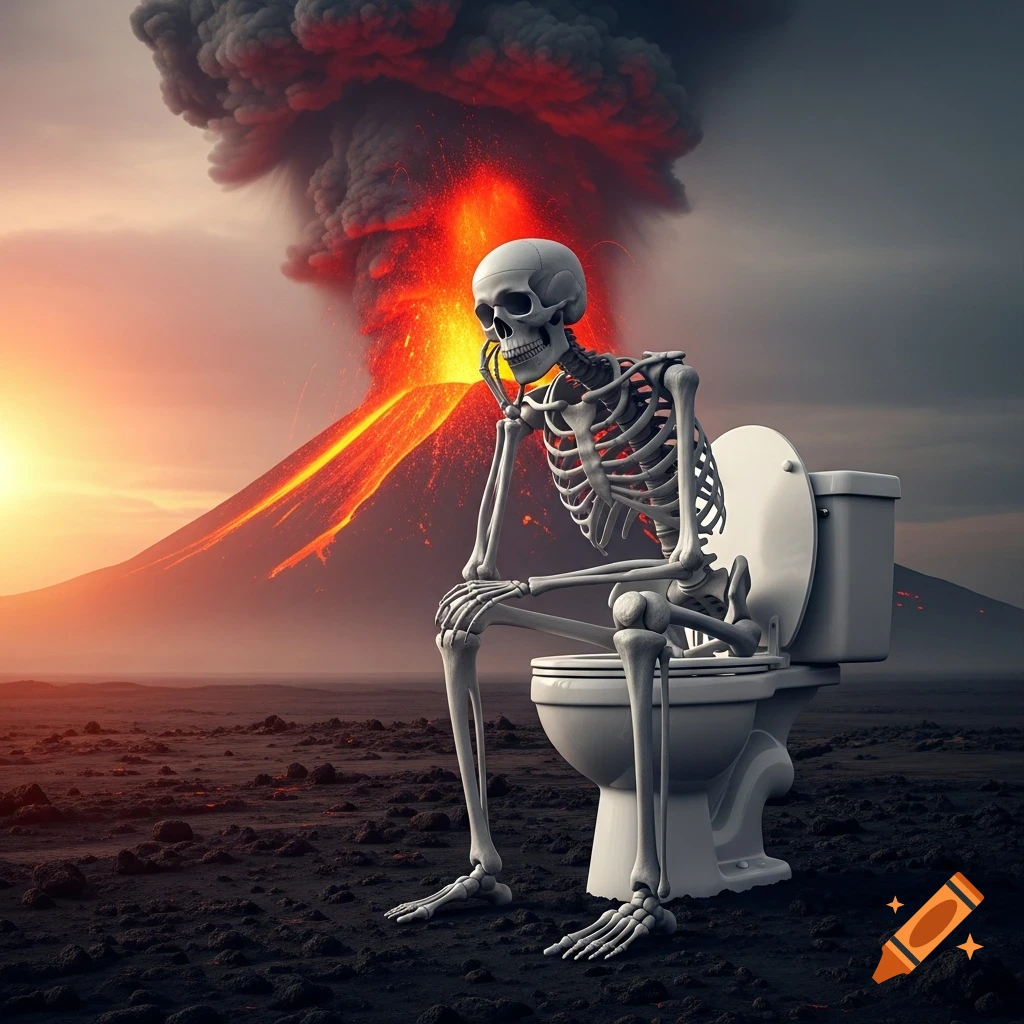 A skeleton sits on a toilet in a thoughtful pose as a volcano erupts dramatically in a desolate, fiery landscape. Photorealistic digital art.