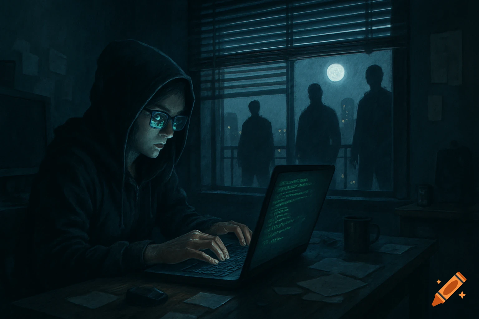 A female hacker in a hoodie works on a laptop displaying green code at night, with shadowy figures visible outside the window under a full moon.