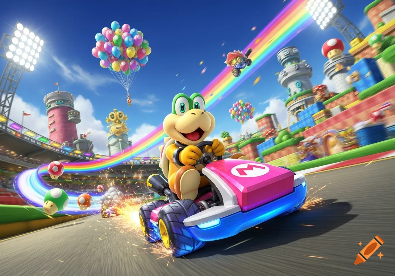 Iggy Koopa races a pink and blue kart on a rainbow track under a bright sky with balloons and stadium lights.