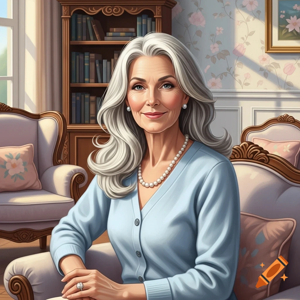 A smiling elderly woman with long white hair, wearing a light blue cardigan and pearl necklace, sits in a bright living room with a bookshelf.