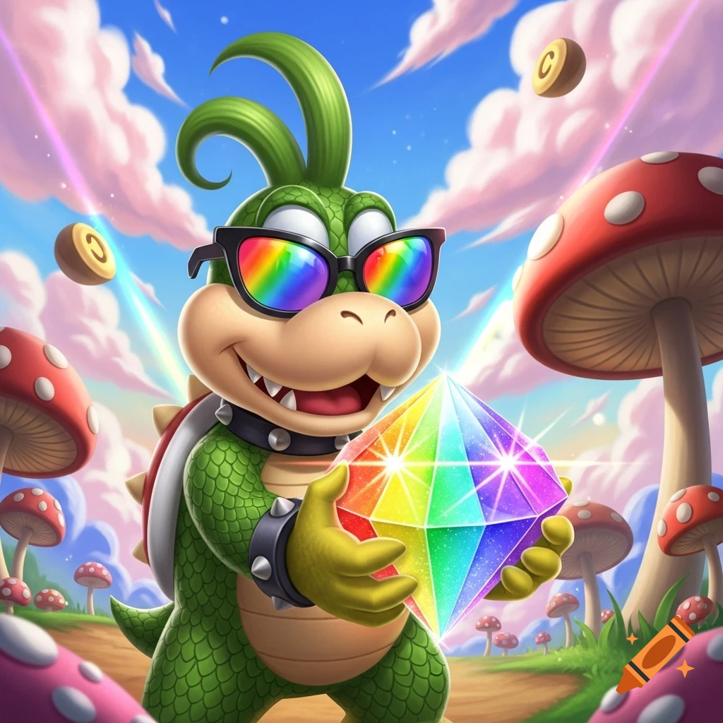 Iggy Koopa wearing rainbow sunglasses, holding a sparkling rainbow crystal in a vibrant, cartoonish mushroom landscape with floating coins.