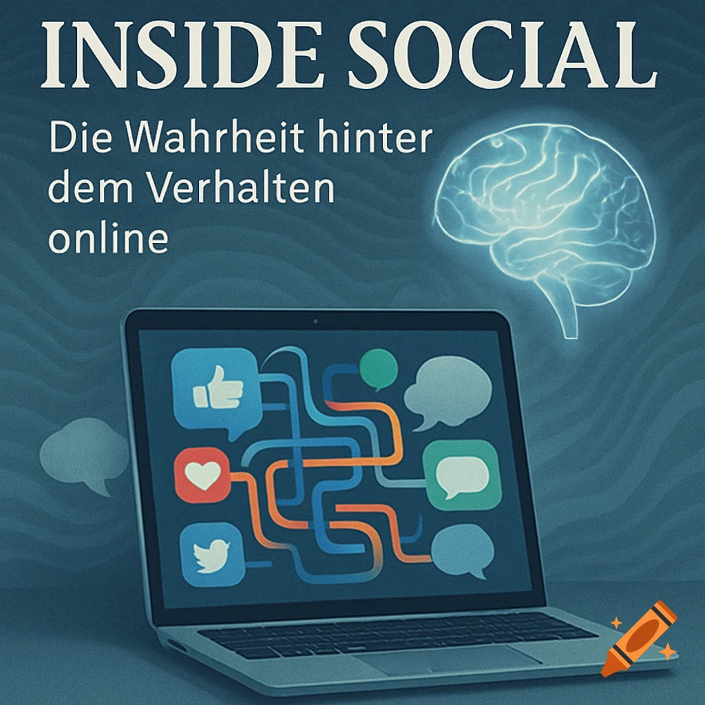 A laptop with social media icons and connecting lines on screen, a glowing brain illustration, and text 'INSIDE SOCIAL Die Wahrheit hinter dem Verhalten online' on a dark blue background.
