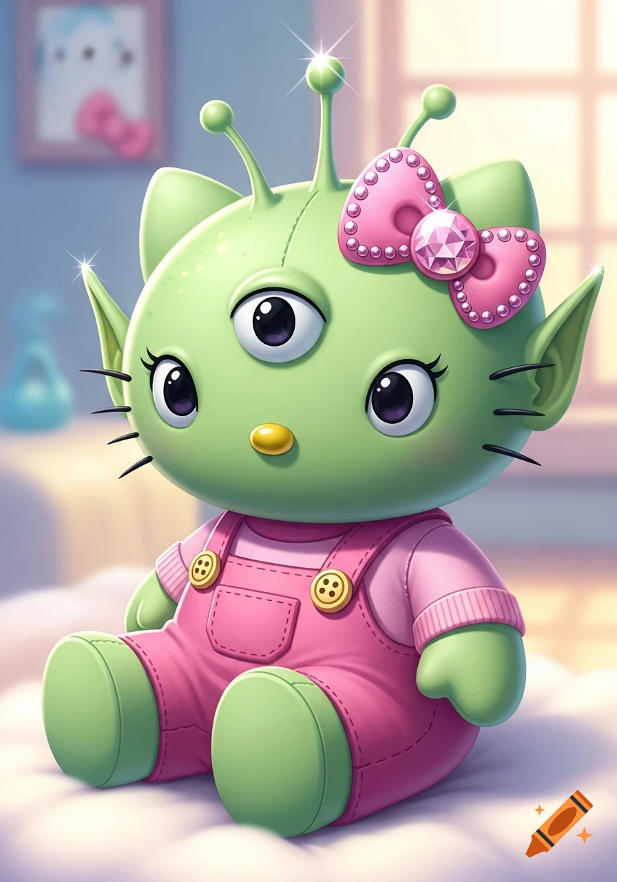 A cute green alien Hello Kitty plush toy with three eyes, wearing pink overalls and a crystal-studded pink bow, sitting.