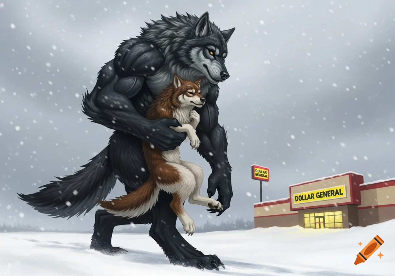 A large dark gray werewolf carries a smaller brown and white wolf through a snowy landscape past a Dollar General store.