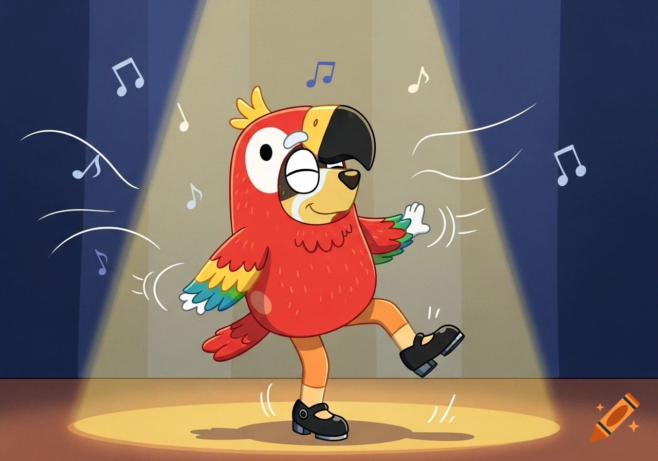 A cartoon Bluey Heeler character tap dances on a spotlighted stage, wearing a red parrot costume, orange tights, and black Mary Jane tap shoes. Musical notes float around her.