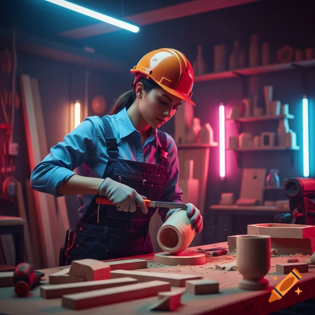A photorealistic image of a female carpenter carving a wooden cup in a modern workshop with glowing neon lights.