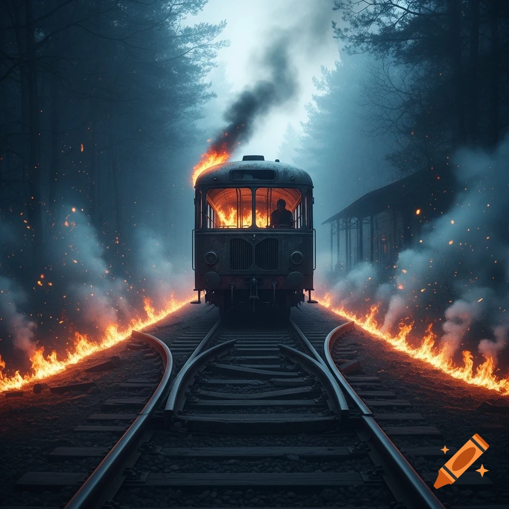 A train engulfed in flames and smoke on diverging tracks in a dark, misty forest with a distant building.
