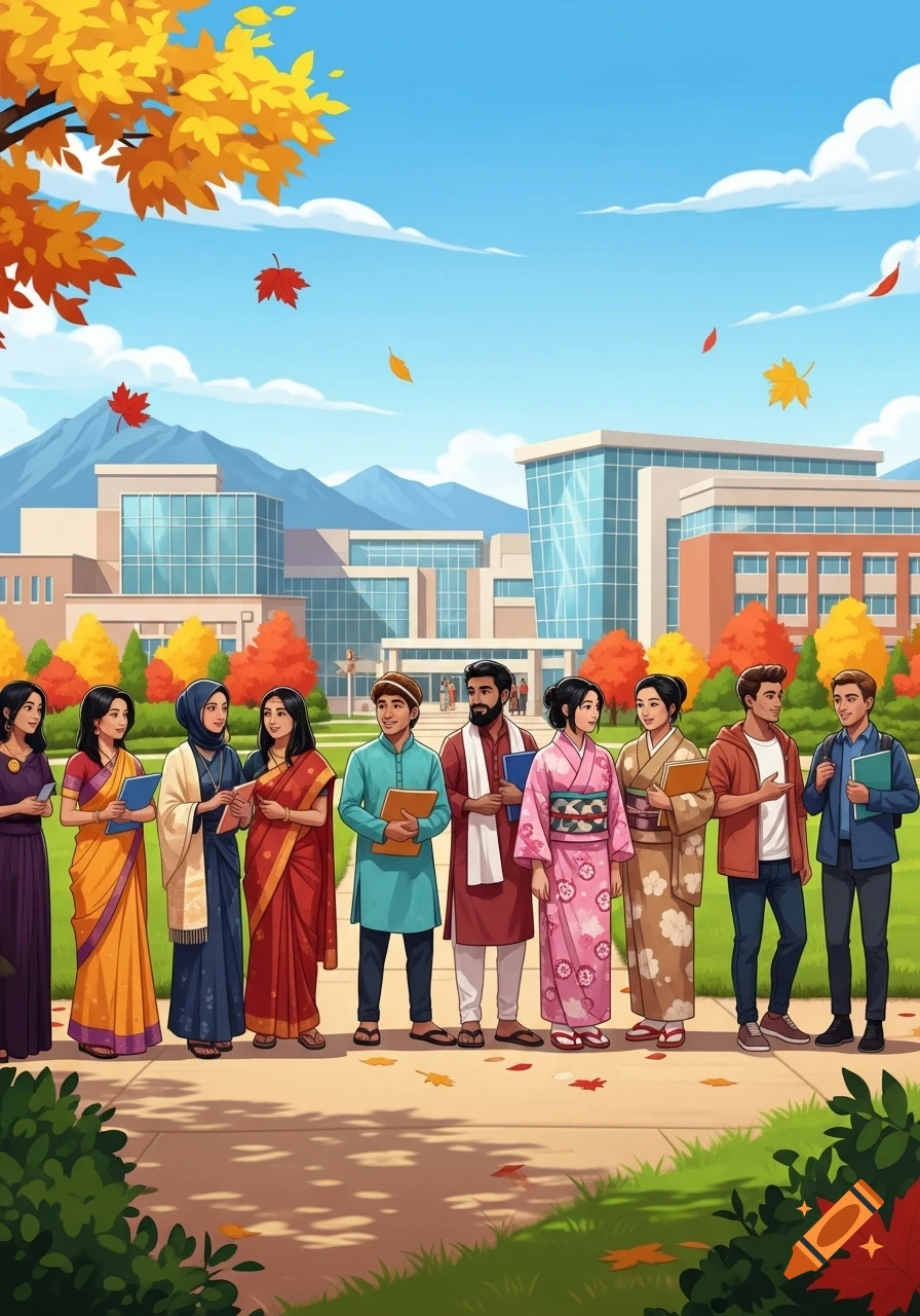 Diverse students in traditional and modern attire stand in front of a university building with autumn trees.