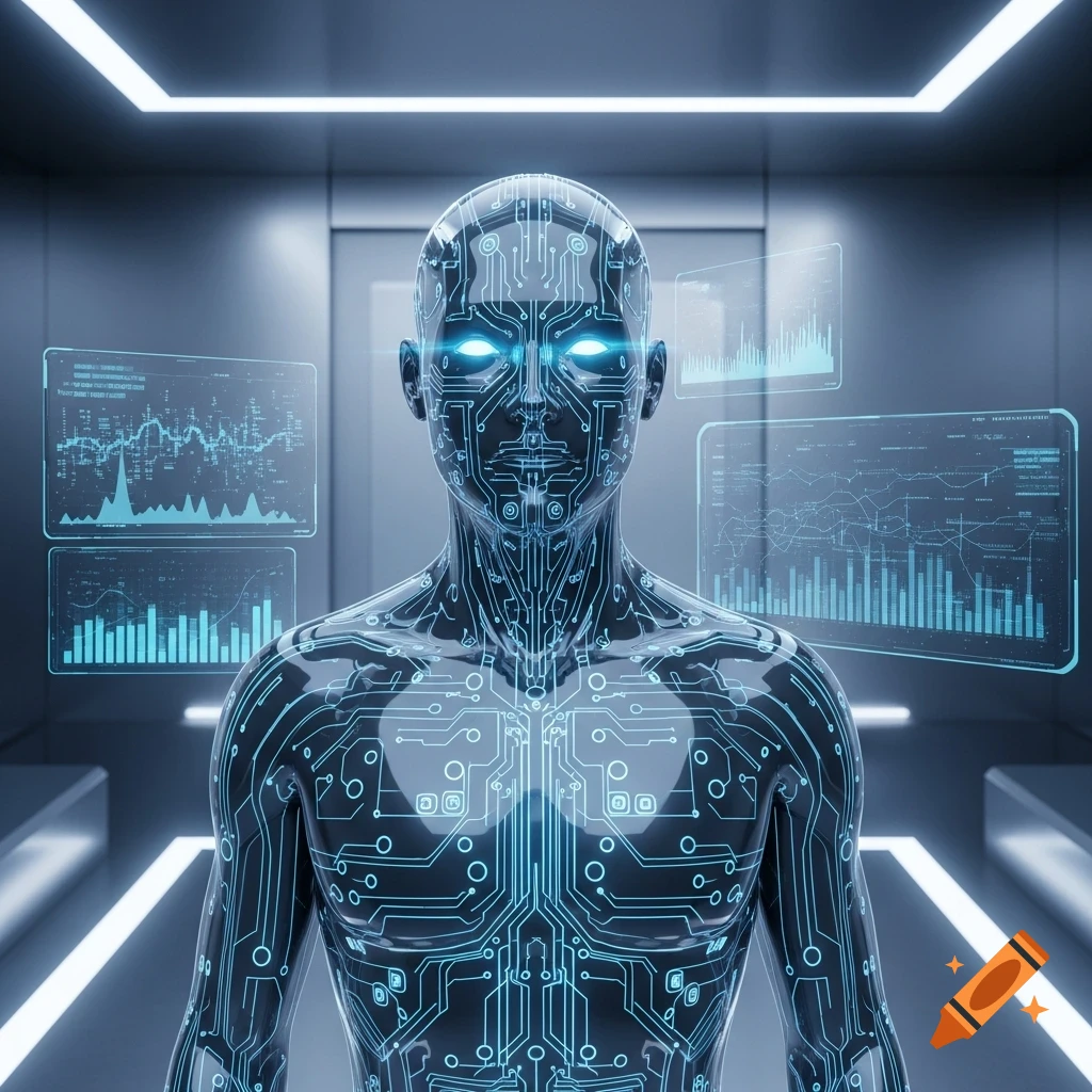 A futuristic humanoid robot with glowing blue circuit patterns and bright eyes stands amidst floating holographic data screens.