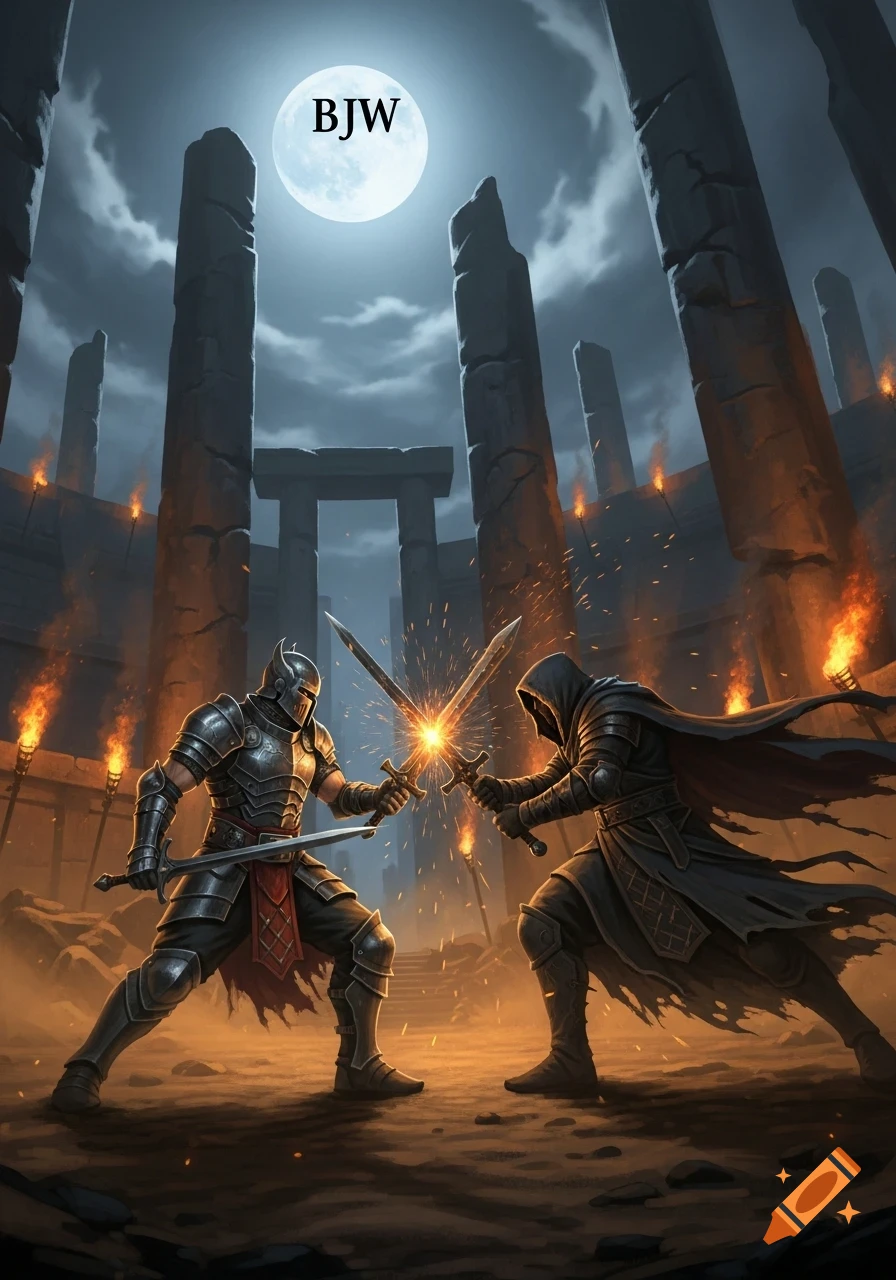 Two armored fantasy warriors clash swords, creating sparks, in a ruin surrounded by torches under a large full moon, with 'BJW' visible on the moon.