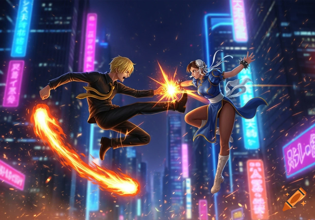 Sanji and Chun-Li battle in a neon-lit city at night, Sanji kicking with a trail of fire, Chun-Li counter-attacking.