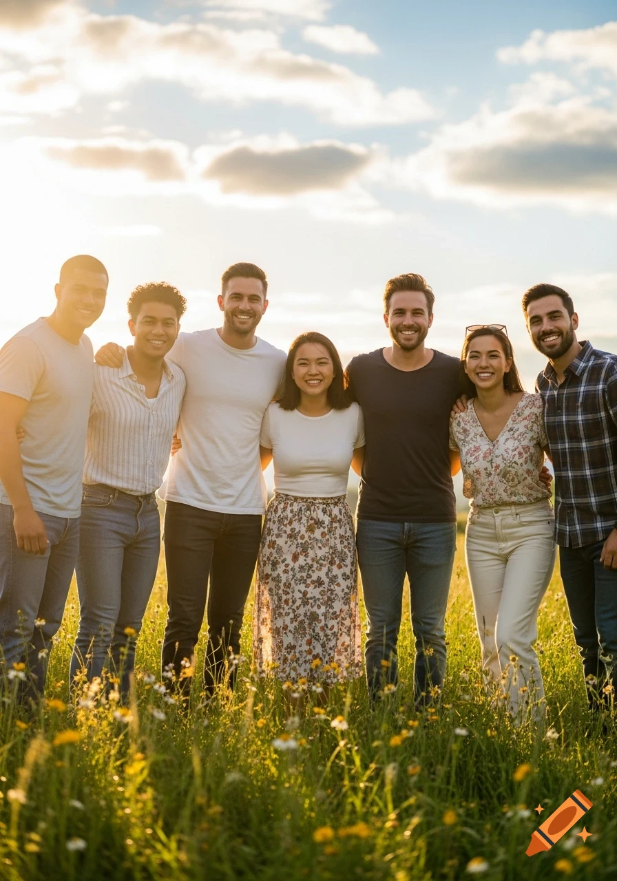 A diverse group of smiling friends embraces in a sunny field at golden hour.