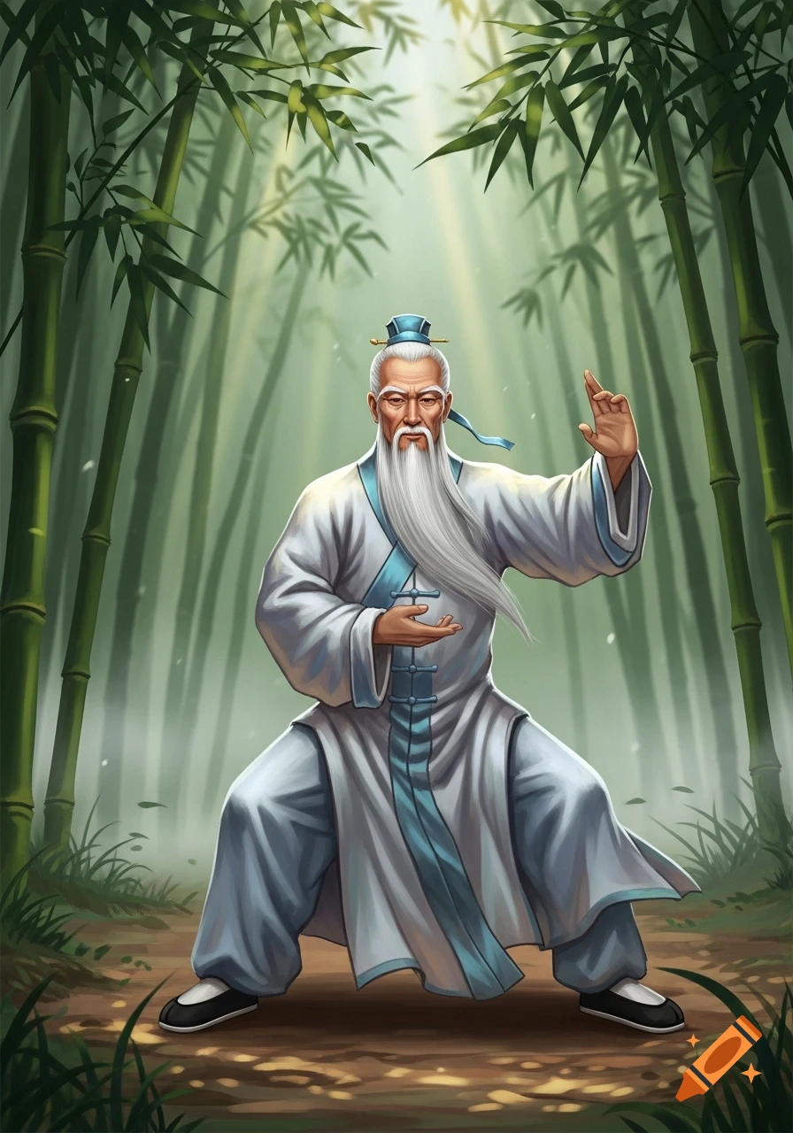 An old Chinese man with a long white beard in white robes performs a martial arts pose in a bamboo forest, in a stylized illustration.