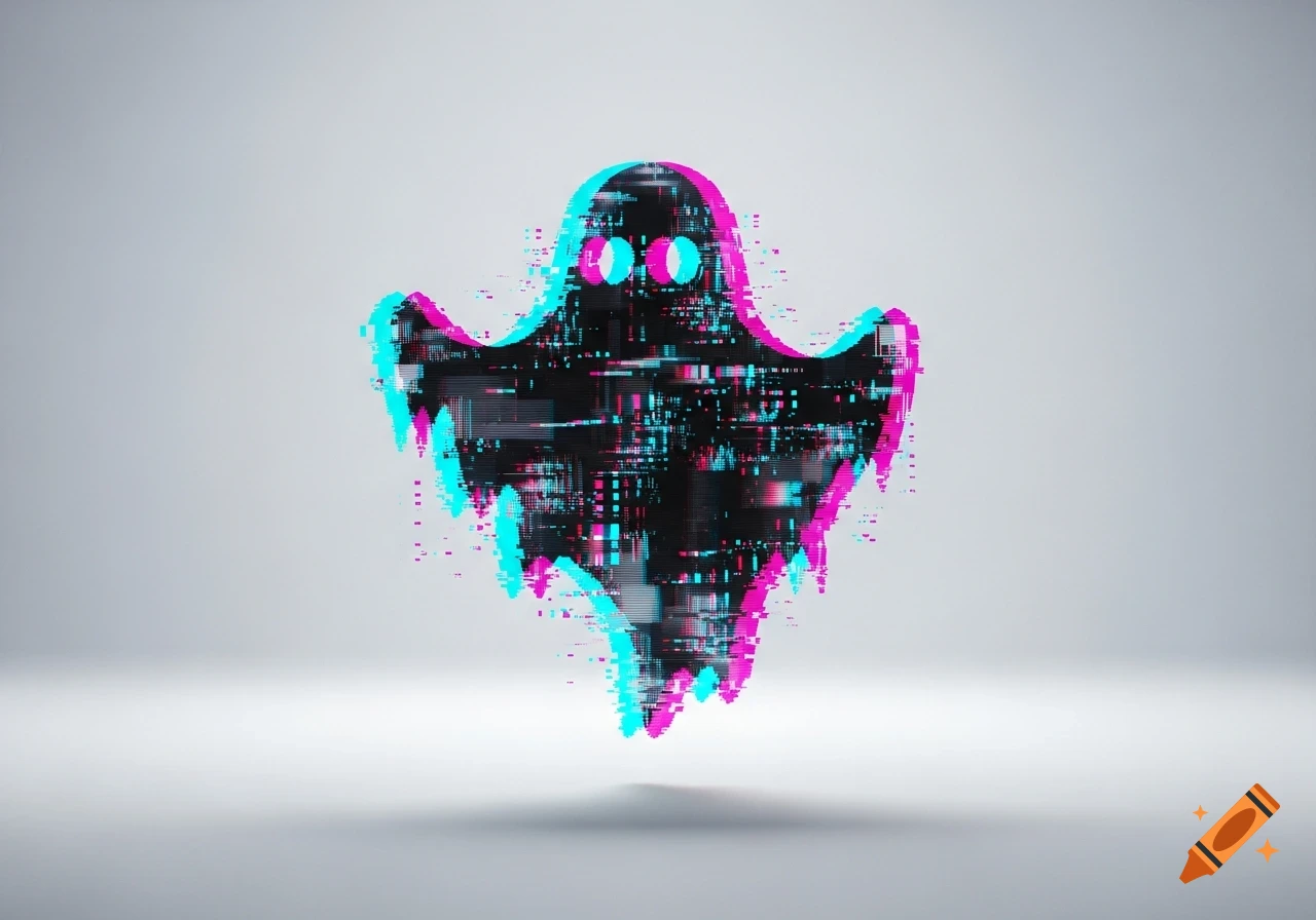 A black glitchy pixelated cyberpunk ghost with cyan and magenta outlines floats on a white background.