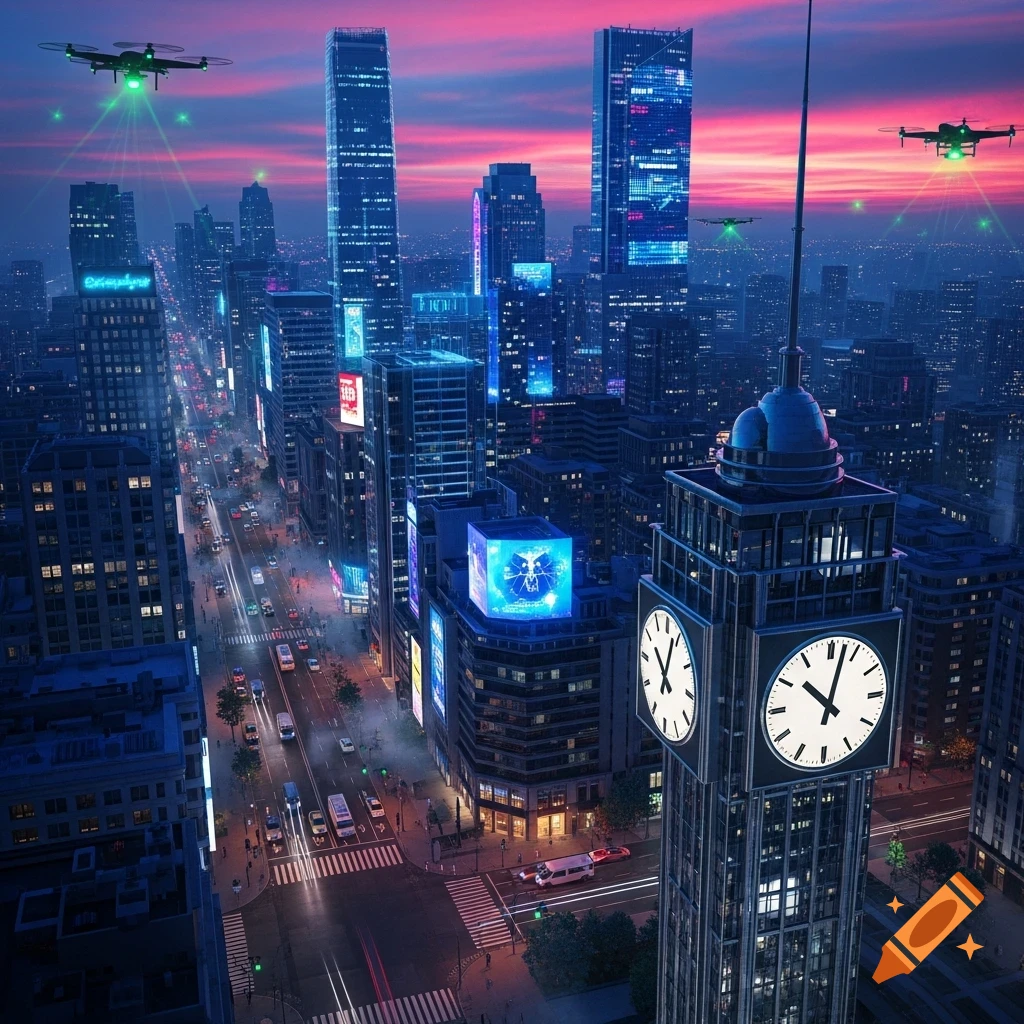 An aerial view of a futuristic city at dusk with towering skyscrapers, a prominent clock tower, and green-glowing drones flying overhead. The cityscape is illuminated with neon lights.