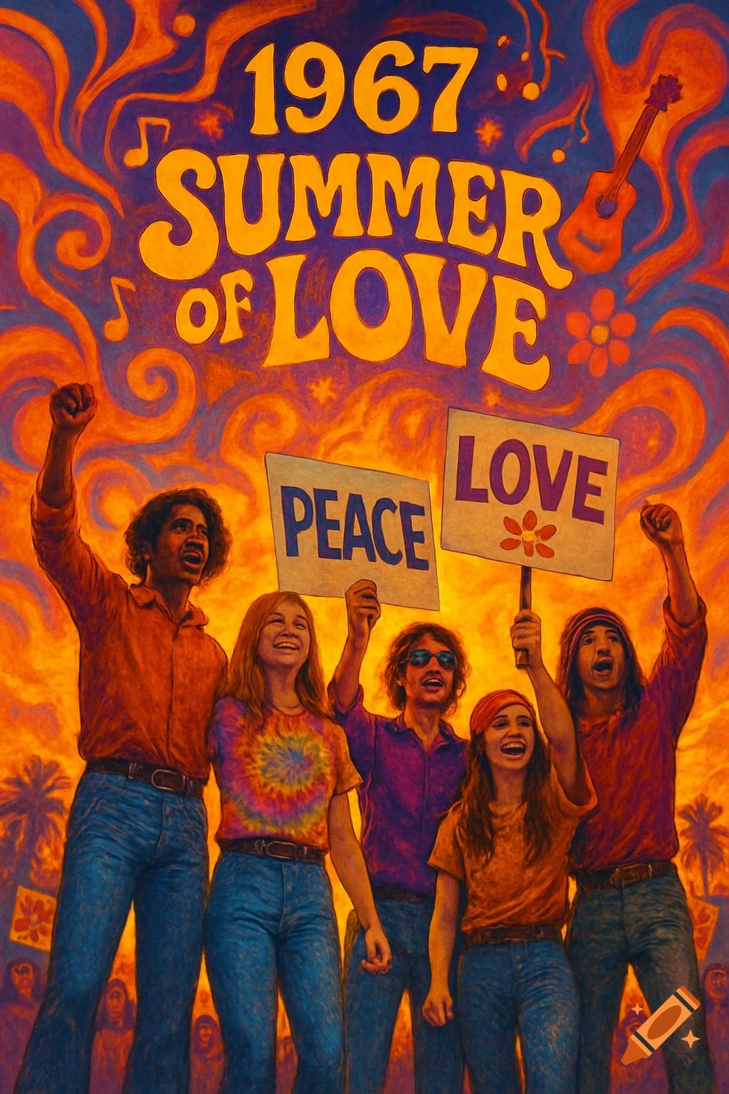 Vibrant psychedelic poster for '1967 Summer of Love' shows diverse young people holding 'PEACE' and 'LOVE' signs against swirling orange sky.