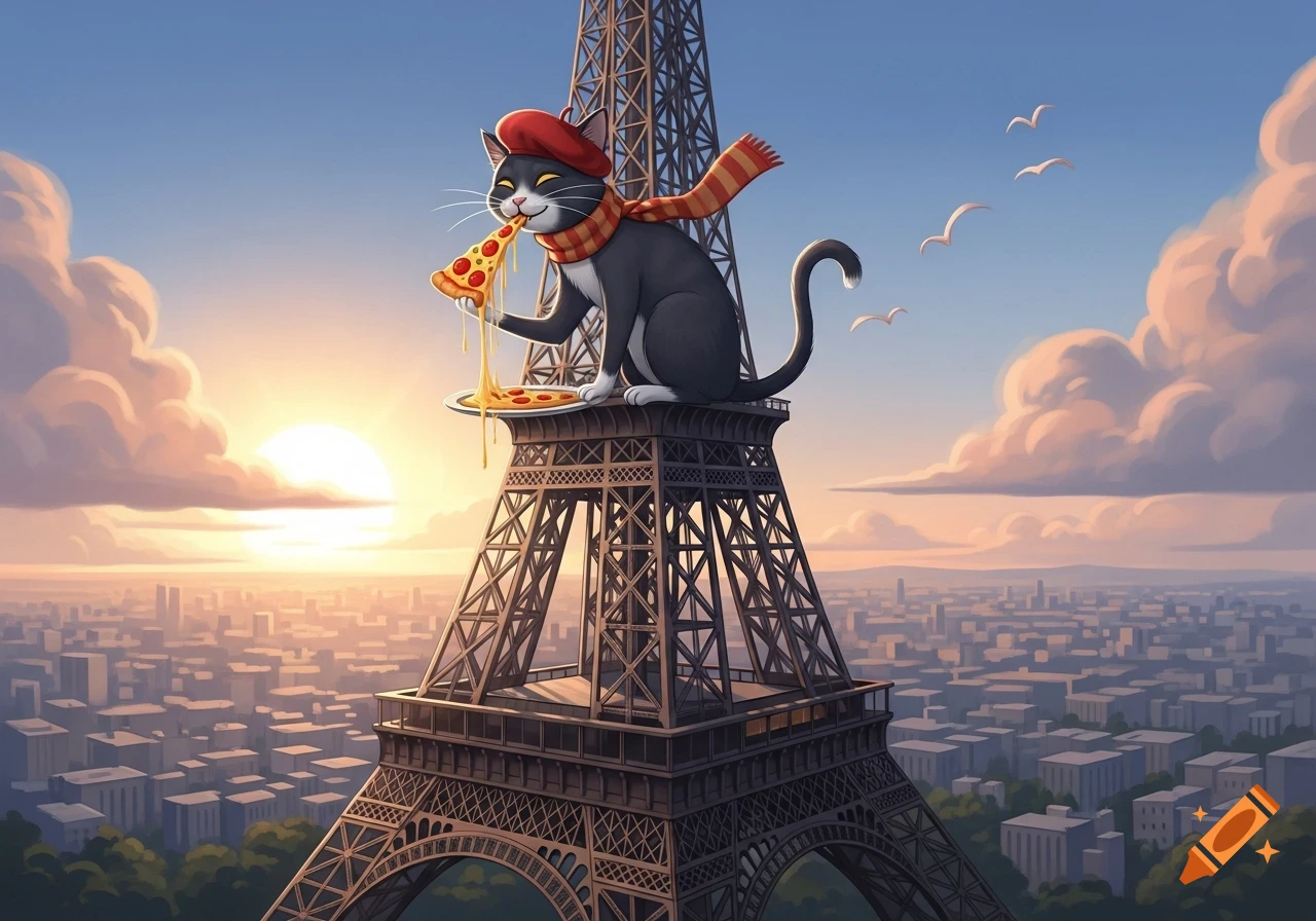 A stylized cat in a red beret and scarf sits atop the Eiffel Tower at sunset, happily eating a cheesy pizza slice.