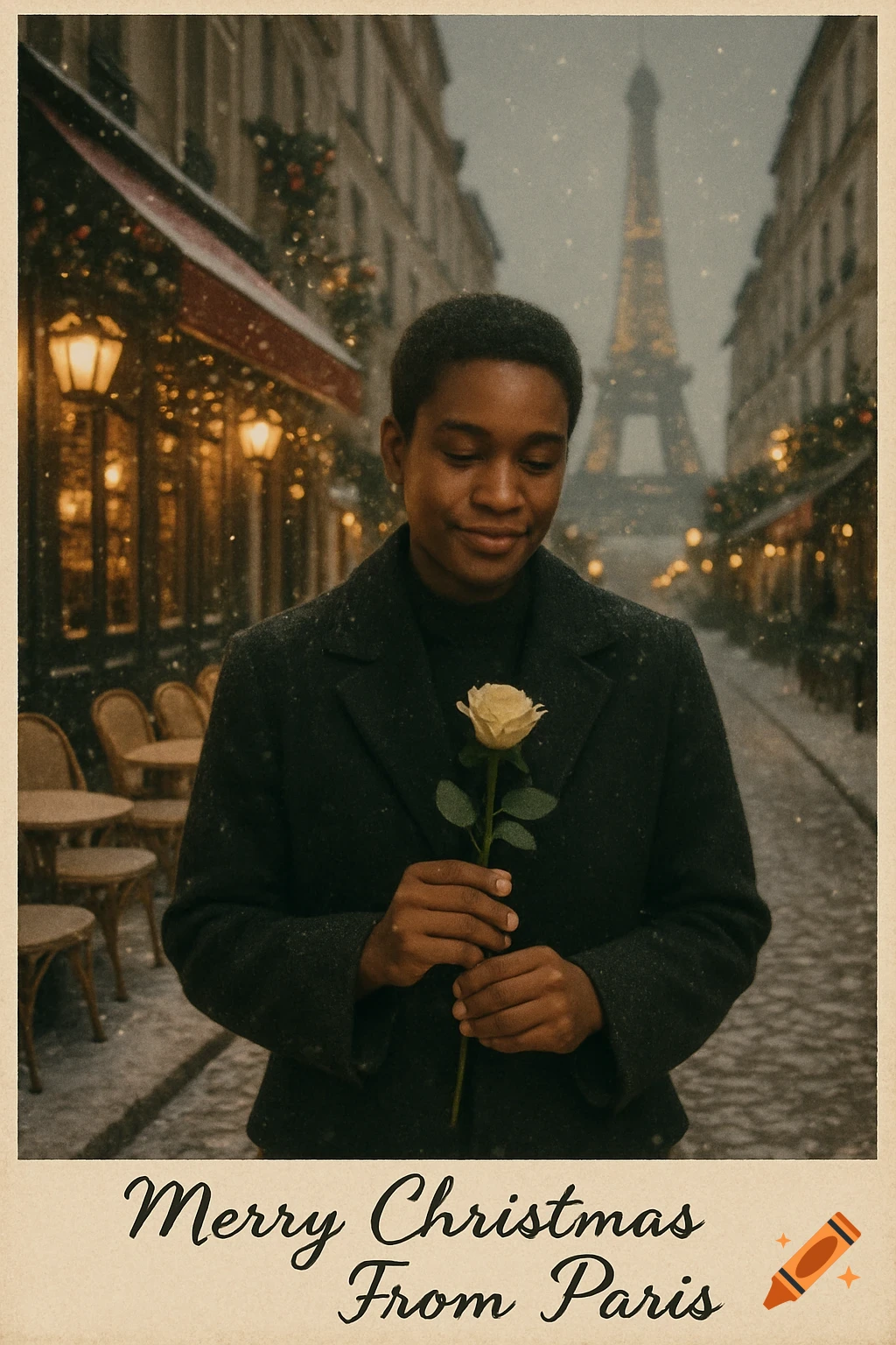 A person holds a white rose on a snowy Parisian street with the Eiffel Tower and festive lights, featuring 'Merry Christmas From Paris' text.