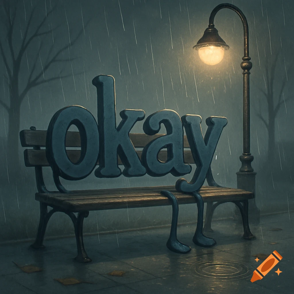 The word 'okay' as a sad 3D figure with feet, sitting on a park bench in the rain under a glowing streetlamp.