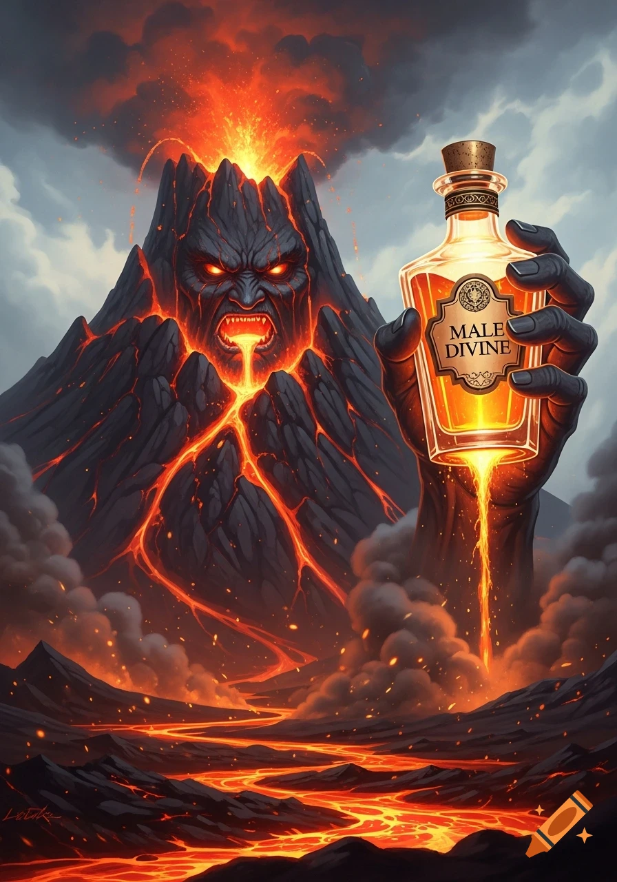 An angry, monstrous volcano erupts, spewing lava while a giant hand holds a glowing bottle labeled 'MALE DIVINE' in a fiery landscape.