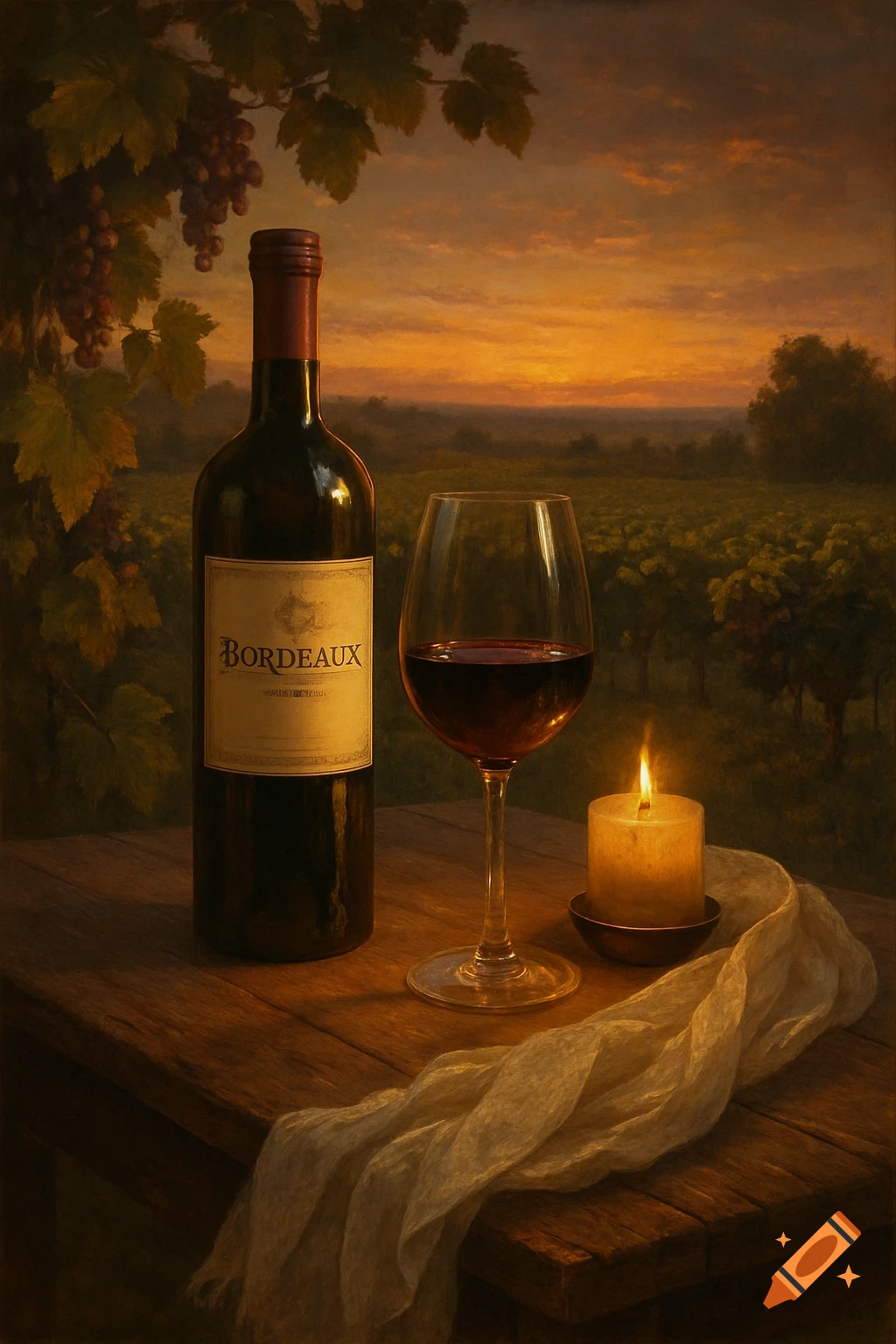 A bottle of Bordeaux wine, a glass of red wine, a lit candle, and draped fabric on a wooden table in a vineyard at sunset.