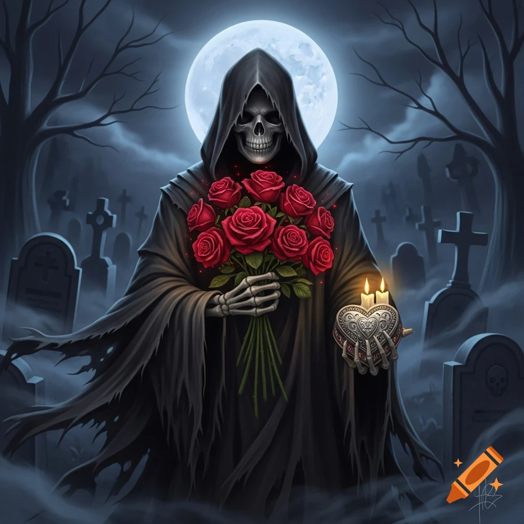 A grim reaper in a dark robe stands in a misty graveyard under a full moon, holding red roses and a heart-shaped candle holder.