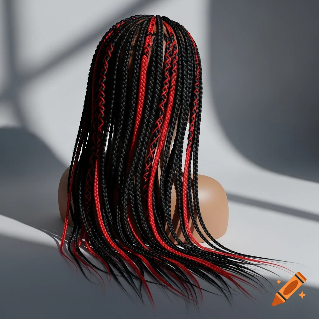 Back of a mannequin head displaying long black and red Kanekalon box braids, photorealistic style.