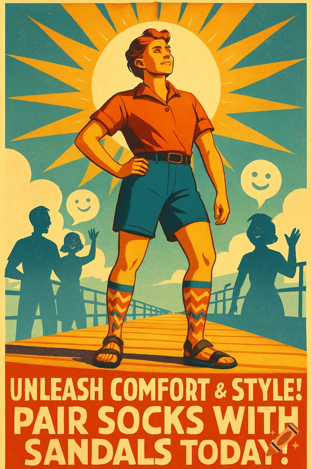 A retro-style propaganda poster features a person proudly wearing socks and sandals on a pier, with text promoting comfort and style.