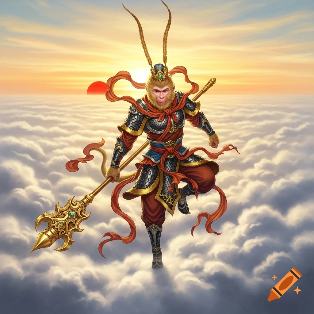 Stylized illustration of the Monkey King, Sun Wukong, in golden armor, clutching his staff, ascending through clouds towards a morning sun.