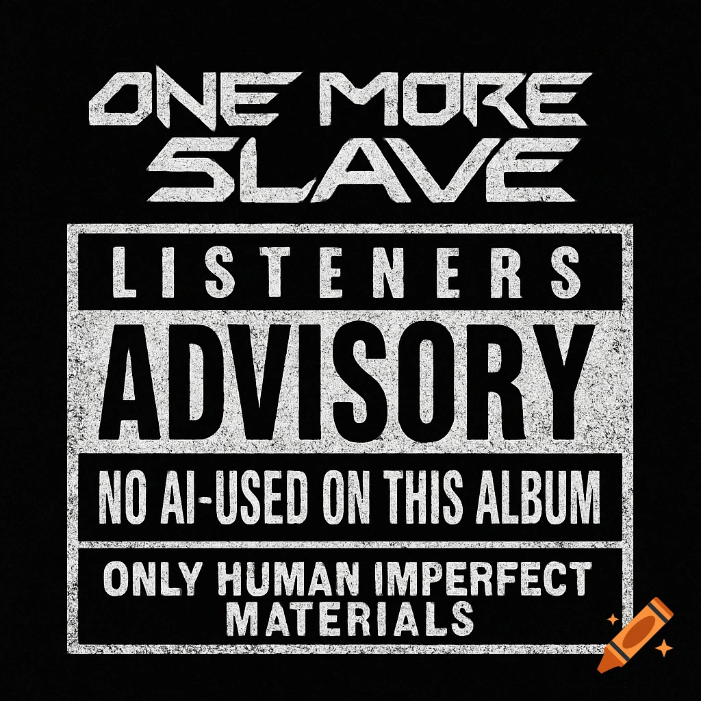 Black album cover parodying a Parental Advisory label, with white distressed text reading 'ONE MORE SLAVE LISTENERS ADVISORY NO AI-USED ON THIS ALBUM ONLY HUMAN IMPERFECT MATERIALS'.