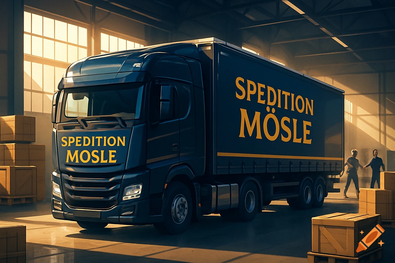 A dark blue semi-truck with "SPEDITION MÖSLE" in yellow on its side and "SPEDITION MOSLE" on the front, parked in a sunlit warehouse with wooden crates.