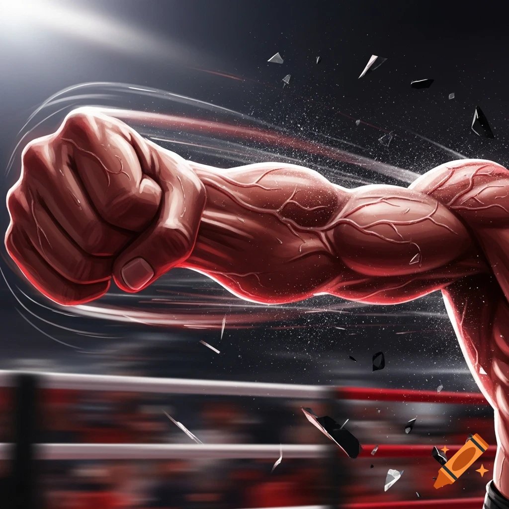 Stylized image of a muscular arm and clenched fist delivering a powerful punch, with motion blur and shattered debris in a boxing ring.