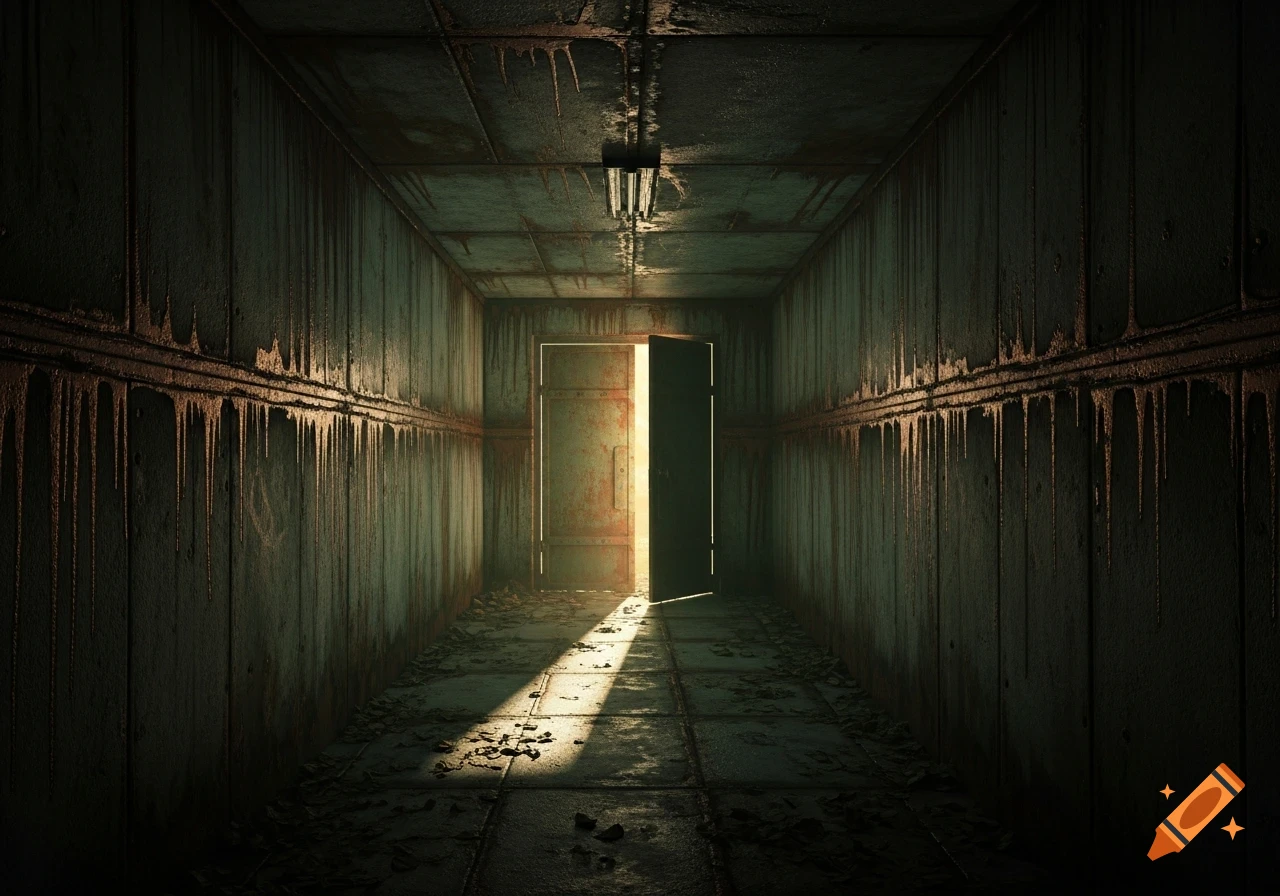 Long, dark, rusty hallway with peeling paint, leading to a bright, partially open metal door at the end.