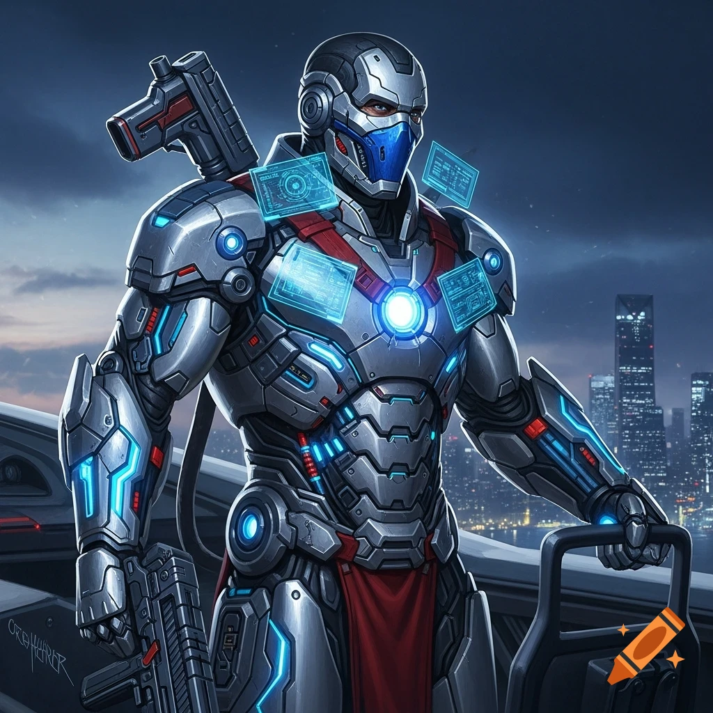 A highly detailed, futuristic armored figure with glowing blue accents and holographic screens, holding a rifle, standing against a dark cityscape.
