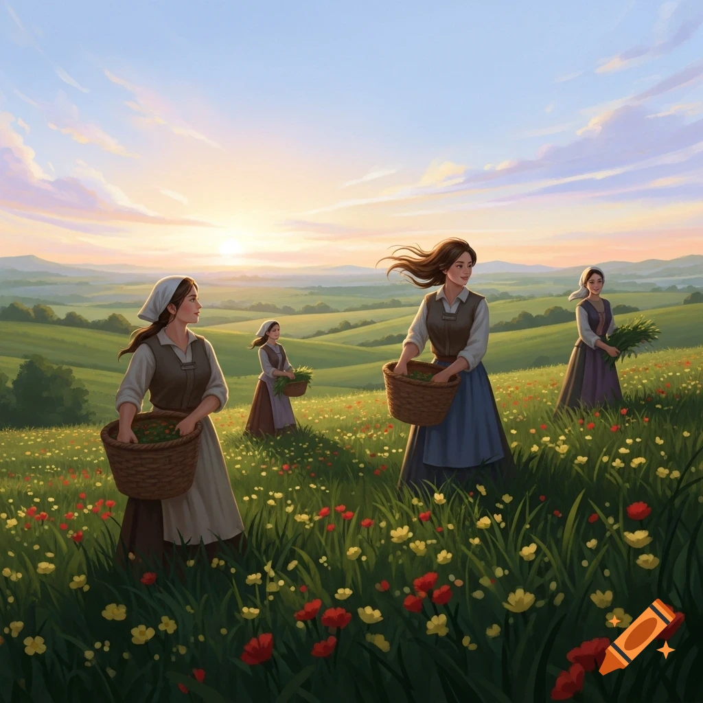Illustrative image of four young women in peasant dresses harvesting in a field of wildflowers under a serene sunrise sky.