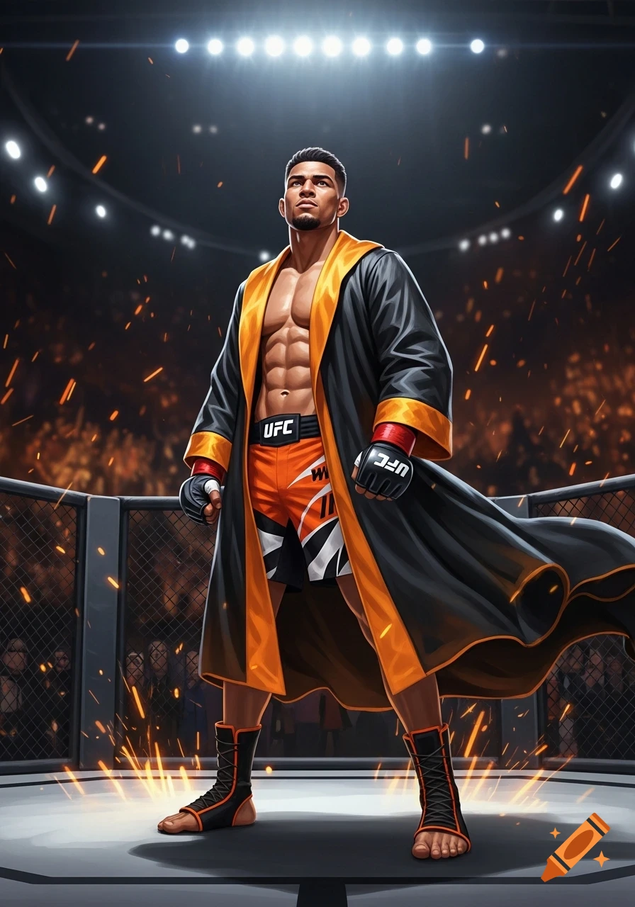 An illustrated muscular male fighter in a black and orange robe stands in a lit MMA cage, looking up.