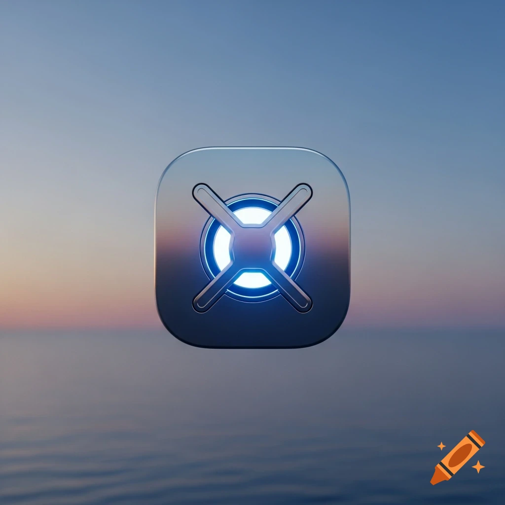 A metallic, rounded square icon with a glowing blue X-shaped symbol, floating over a blurred ocean at sunset.