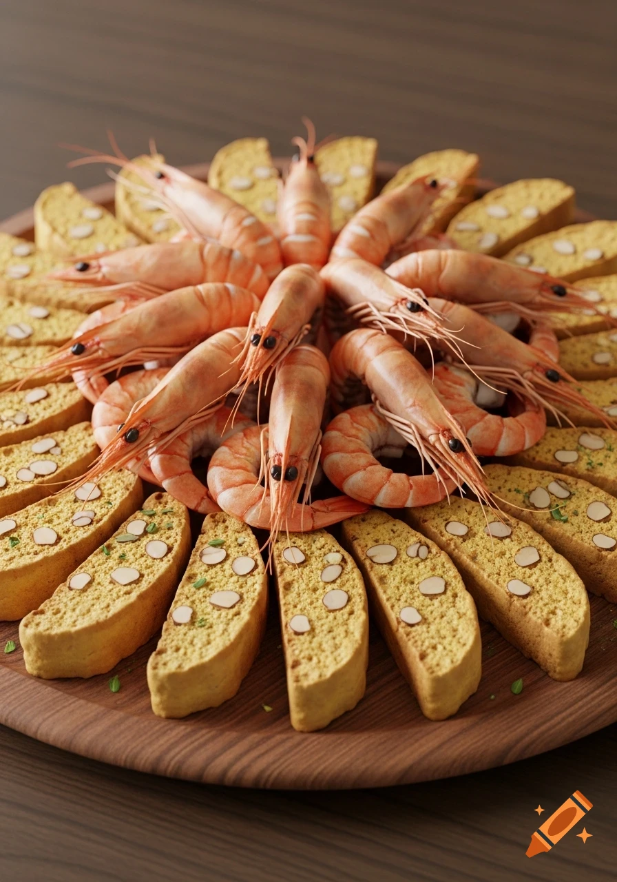 Photorealistic close-up of cooked shrimp arranged in a circle surrounded by almond biscotti on a wooden platter.