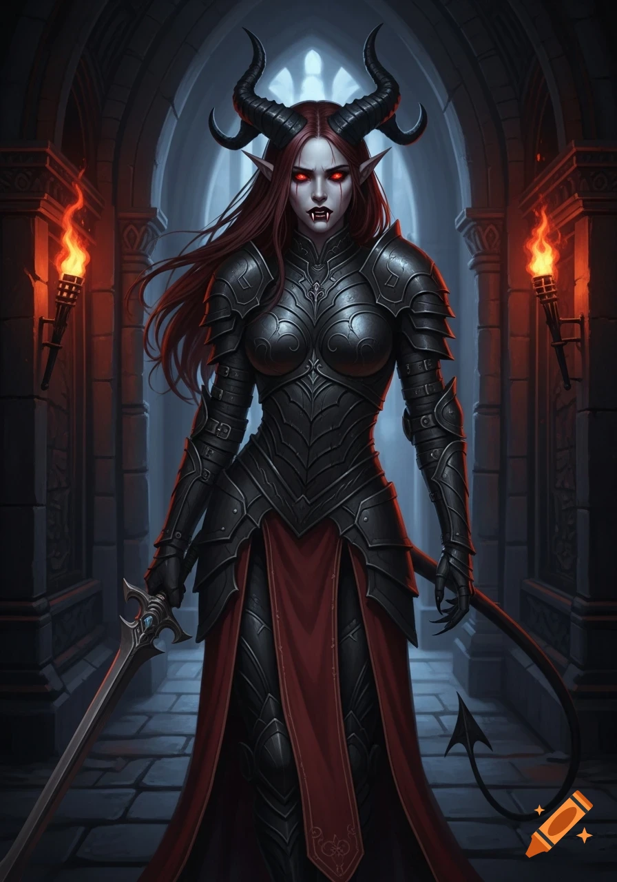 A female tiefling warrior with red eyes, fangs, horns, and a tail, wearing black armor and holding a sword in a gothic dungeon.