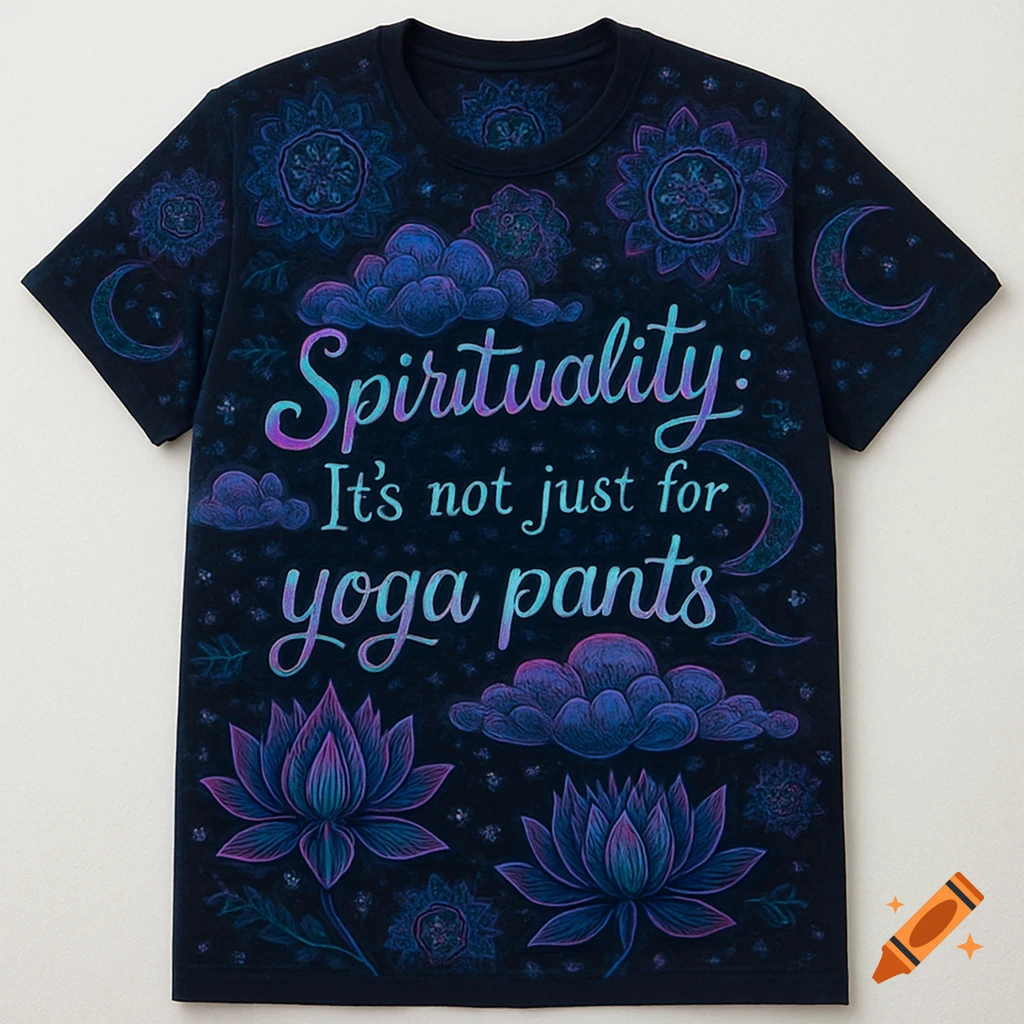 A black t-shirt with blue and purple mystic designs, including lotus flowers and crescent moons. The shirt reads "Spirituality: It's not just for yoga pants".