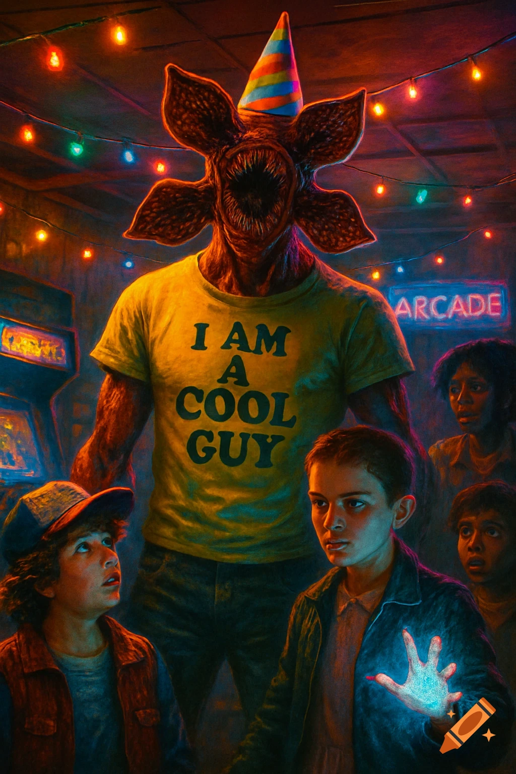 A Demogorgon in a party hat and "I AM A COOL GUY" t-shirt stands in an arcade with Stranger Things characters, including Eleven with a glowing hand.