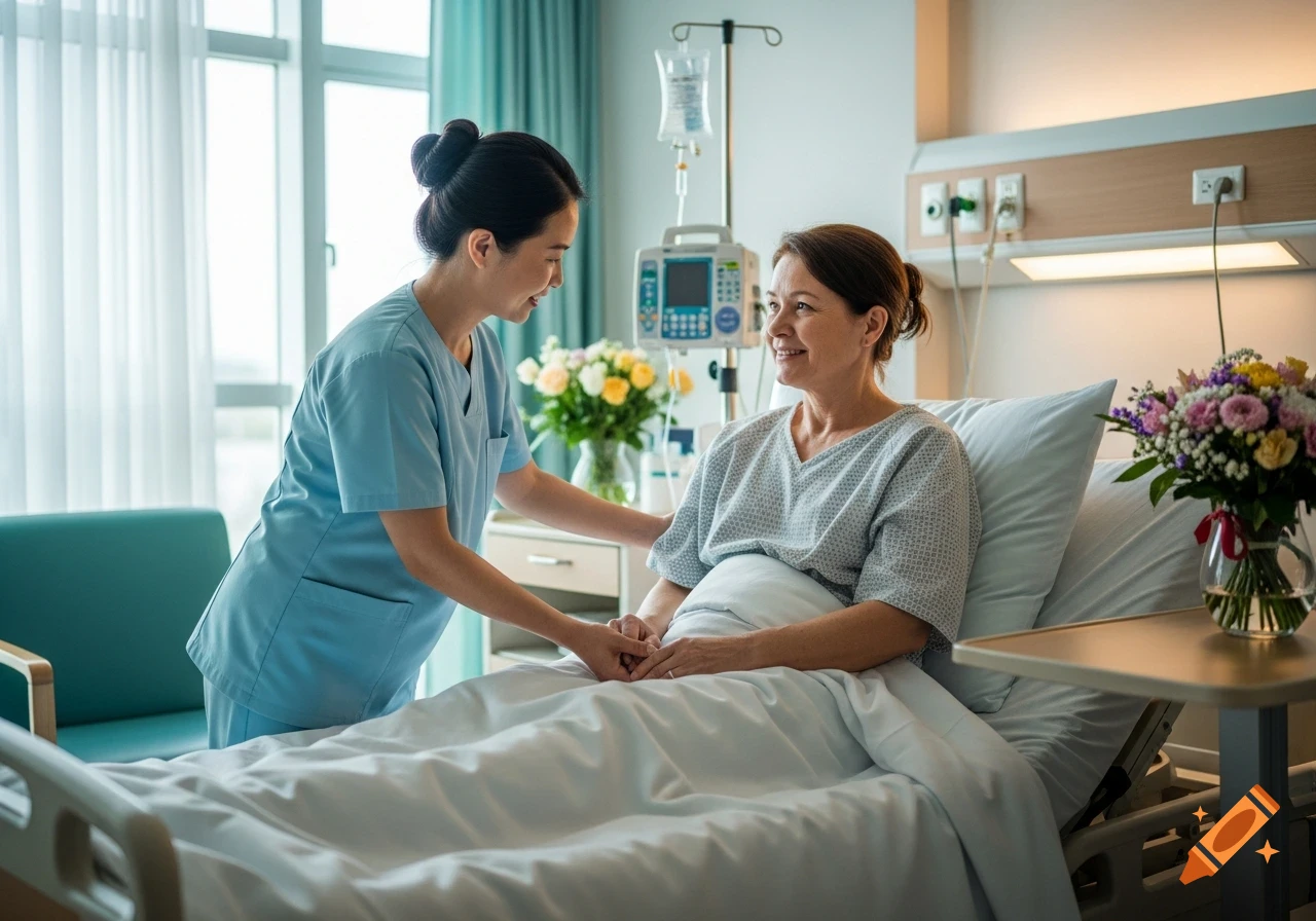 A smiling nurse in blue scrubs holds the hand of a female patient in a hospital gown, both looking at each other in a bright hospital room.
