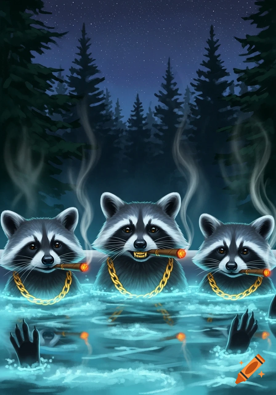 Three cartoon raccoons in a hot tub at night, smoking cigars and wearing gold chains. One raccoon has a golden tooth. Forest background.
