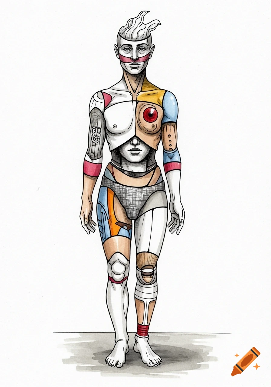 Stylized illustration of a segmented, cyborg-like figure with mismatched, colorful body parts in an exquisite corpse style on a white background.