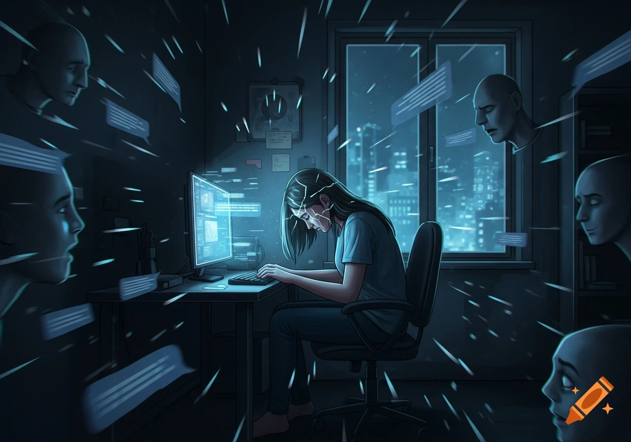 A person sits at a computer, head bowed, surrounded by glowing abstract chat bubbles and ghostly faces in a dark room overlooking a city at night. Digital lines crack on their head.