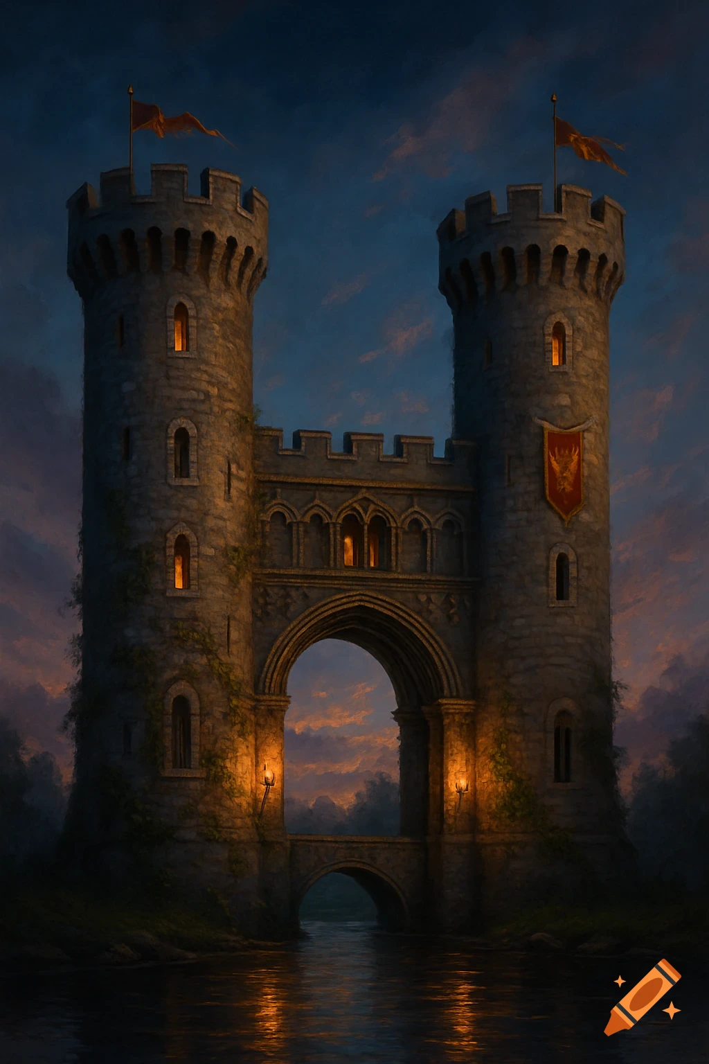 A fantasy castle shaped like the letter H, with two towers, an archway, and glowing lights, standing in water at dusk.