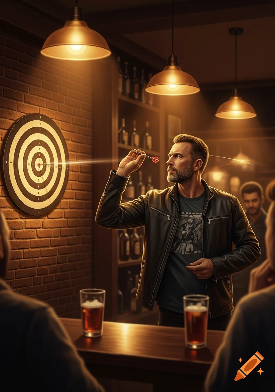 A man in a leather jacket throws a dart at a dartboard in a dimly lit bar, with beer glasses on the counter.