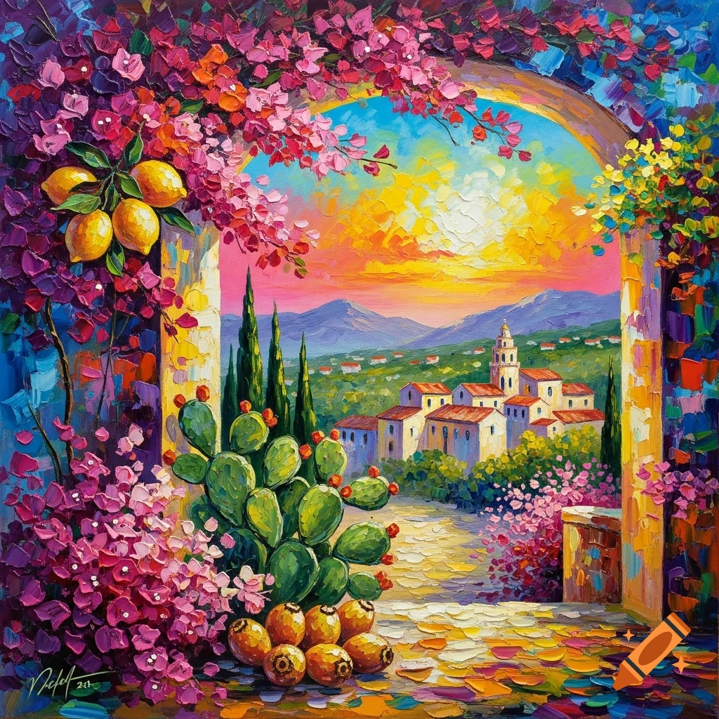 Vibrant impasto painting of a Sicilian village through a flowered archway, with lemons, cacti, and a sunset over mountains.