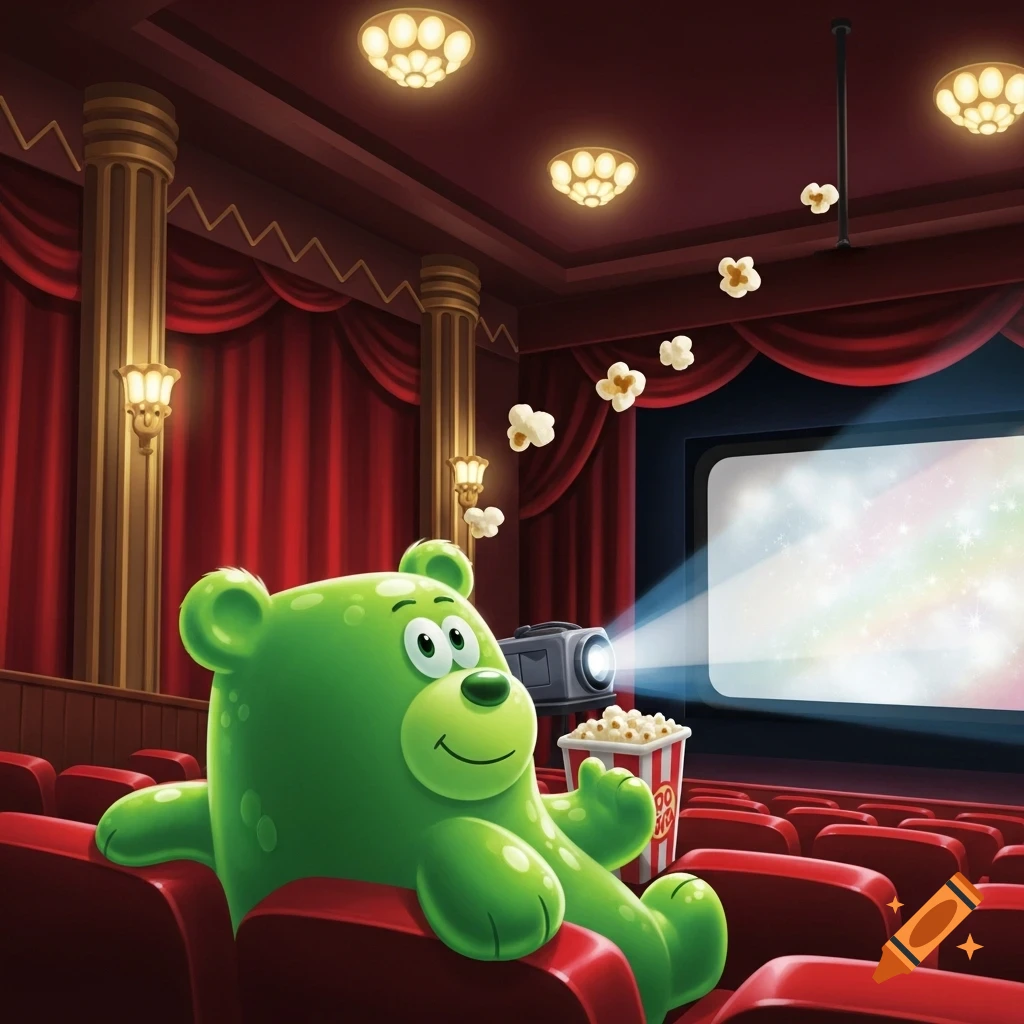 A green Gummy Bear sits in a red movie theater seat, holding a bucket of popcorn and watching a rainbow-colored screen.